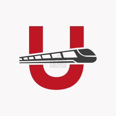 Illustration for Train Logo On Letter U, Express Symbol Vector Template - Royalty Free Image