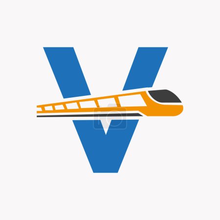 Illustration for Train Logo On Letter V, Express Symbol Vector Template - Royalty Free Image