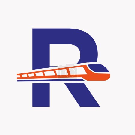 Illustration for Train Logo On Letter R, Express Symbol Vector Template - Royalty Free Image