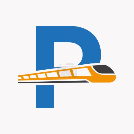 Illustration for Train Logo On Letter P, Express Symbol Vector Template - Royalty Free Image