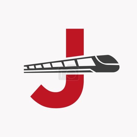 Illustration for Train Logo On Letter J, Express Symbol Vector Template - Royalty Free Image