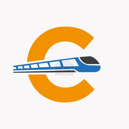 Illustration for Train Logo On Letter C, Express Symbol Vector Template - Royalty Free Image