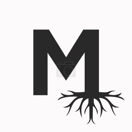 Téléchargez les illustrations : Logo racine sur la lettre M, modèle vectoriel de symbole de toit écologique - en licence libre de droit