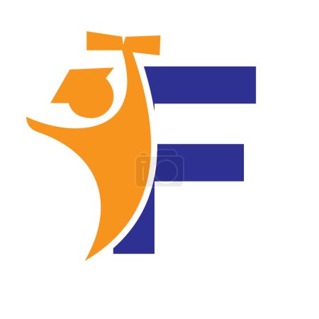 Buchstabe F Bildung Logo Design. Graduierung Symbol mit Human Holding Graduierungspapier Ikone