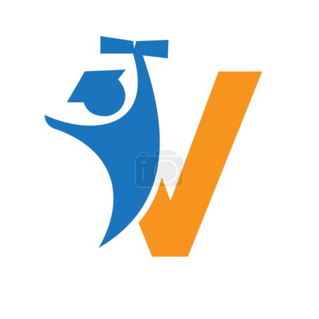 Letter V Education Logo Design. Graduation Symbol With Human Holding Graduation Paper Icon