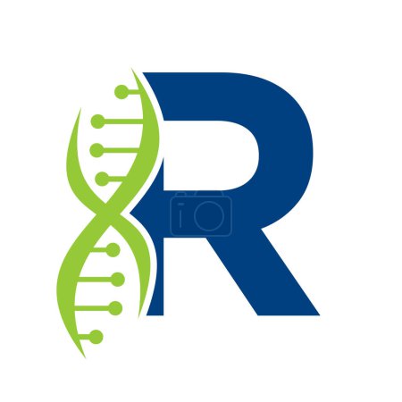 Logo d'ADN sur le modèle vectoriel de la lettre R pour le symbole de soins de santé