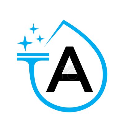 Téléchargez les illustrations : Conception de logo propre sur la lettre A avec symbole de l'eau. Signe de femme de ménage - en licence libre de droit