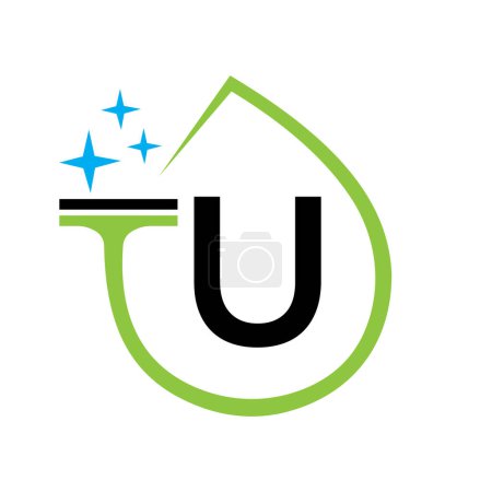 Téléchargez les illustrations : Conception de logo propre sur la lettre U avec symbole de l'eau. Signe de femme de ménage - en licence libre de droit