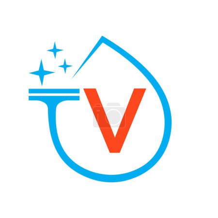 Téléchargez les illustrations : Conception de logo propre sur la lettre V avec le symbole de l'eau. Signe de femme de ménage - en licence libre de droit