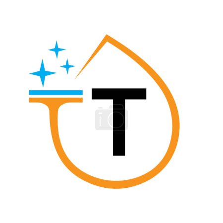 Téléchargez les illustrations : Conception de logo propre sur la lettre T avec symbole de l'eau. Signe de femme de ménage - en licence libre de droit