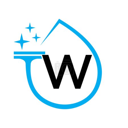 Téléchargez les illustrations : Conception de logo propre sur la lettre W avec le symbole de l'eau. Signe de femme de ménage - en licence libre de droit