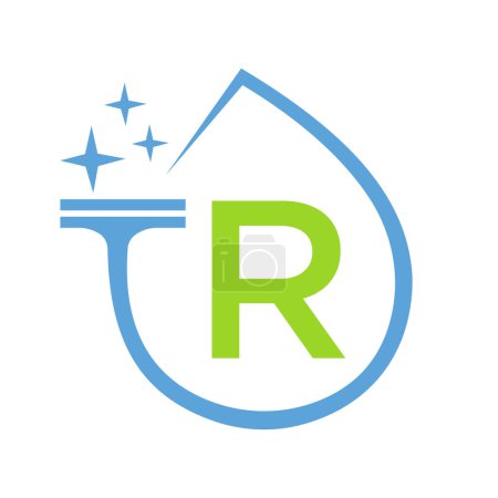 Téléchargez les illustrations : Conception de logo propre sur la lettre R avec symbole de l'eau. Signe de femme de ménage - en licence libre de droit