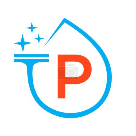 Téléchargez les illustrations : Conception de logo propre sur la lettre P avec symbole de l'eau. Signe de femme de ménage - en licence libre de droit