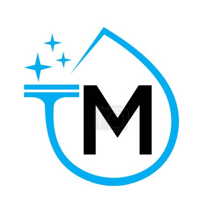 Téléchargez les illustrations : Conception de logo propre sur la lettre M avec le symbole de l'eau. Signe de femme de ménage - en licence libre de droit