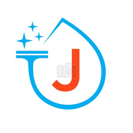 Téléchargez les illustrations : Conception de logo propre sur la lettre J avec le symbole de l'eau. Signe de femme de ménage - en licence libre de droit