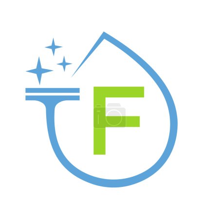 Téléchargez les illustrations : Conception de logo propre sur la lettre F avec symbole de l'eau. Signe de femme de ménage - en licence libre de droit