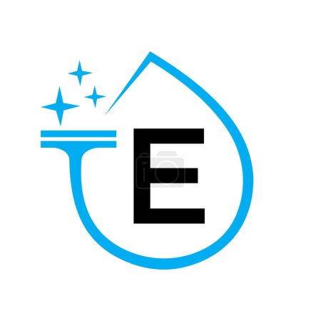 Téléchargez les illustrations : Conception de logo propre sur la lettre E avec le symbole de l'eau. Signe de femme de ménage - en licence libre de droit