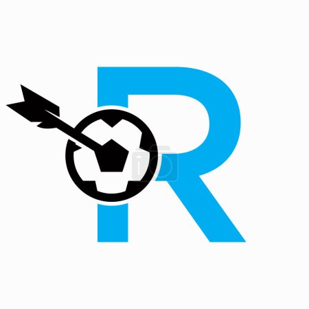 Letra R Logo de fútbol y símbolo de flecha de destino. Señal de fútbol