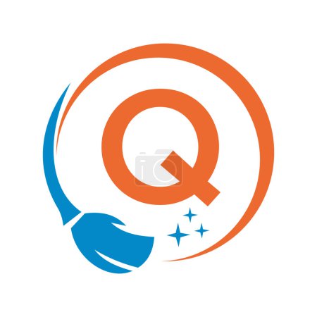 Téléchargez les illustrations : Logo propre maison sur la lettre Q avec brosse propre et symbole de l'eau. Signe de femme de ménage - en licence libre de droit
