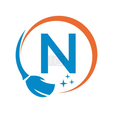 Téléchargez les illustrations : Logo propre maison sur la lettre N avec brosse propre et symbole de l'eau. Signe de femme de ménage - en licence libre de droit