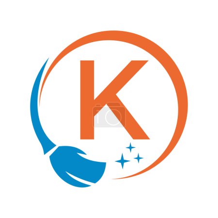 Téléchargez les illustrations : Logo propre maison sur la lettre K avec brosse propre et symbole de l'eau. Signe de femme de ménage - en licence libre de droit