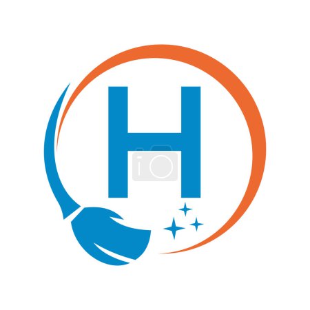 Téléchargez les illustrations : Logo propre maison sur la lettre H avec brosse propre et symbole de l'eau. Signe de femme de ménage - en licence libre de droit