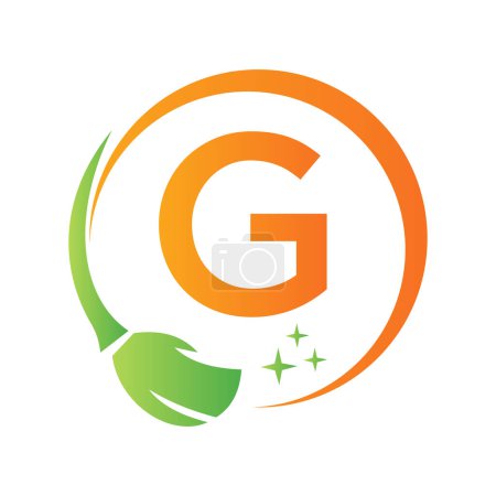 Téléchargez les illustrations : Logo propre maison sur la lettre G avec brosse propre et symbole de l'eau. Signe de femme de ménage - en licence libre de droit