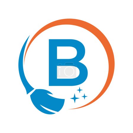 Téléchargez les illustrations : Logo propre maison sur la lettre B avec brosse propre et symbole de l'eau. Signe de femme de ménage - en licence libre de droit