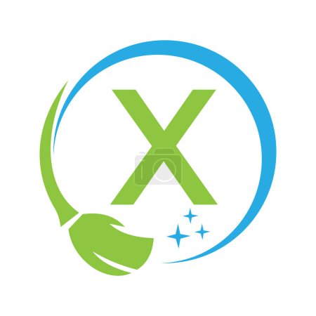 Téléchargez les illustrations : Logo propre maison sur la lettre X avec brosse propre et symbole de l'eau. Signe de femme de ménage - en licence libre de droit