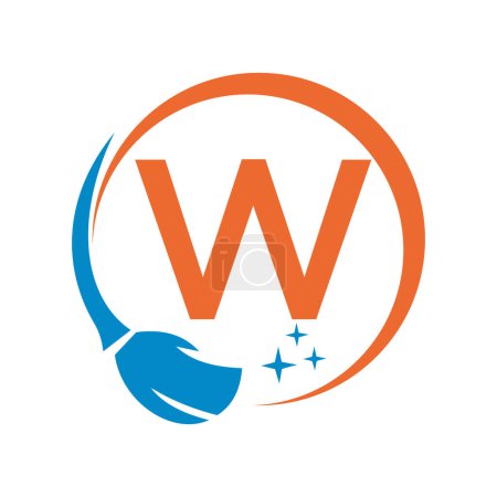 Téléchargez les illustrations : Logo propre maison sur la lettre W avec brosse propre et symbole de l'eau. Signe de femme de ménage - en licence libre de droit