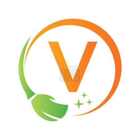 Téléchargez les illustrations : Logo propre maison sur la lettre V avec brosse propre et symbole de l'eau. Signe de femme de ménage - en licence libre de droit