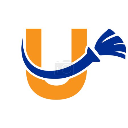 Téléchargez les illustrations : Logo propre de maison de lettre U avec le symbole propre de brosse. Icône de femme de ménage et de balai - en licence libre de droit