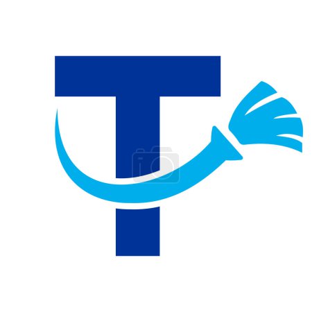 Téléchargez les illustrations : Logo propre de maison de lettre T avec le symbole propre de brosse. Icône de femme de ménage et de balai - en licence libre de droit