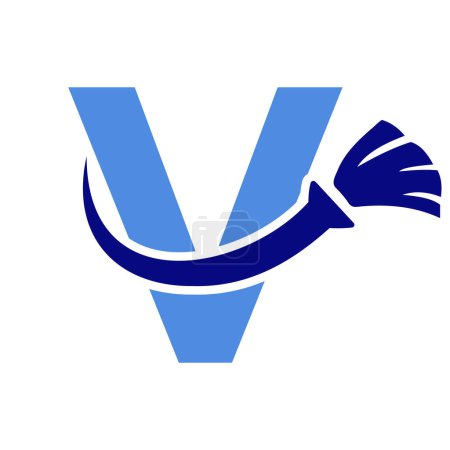 Téléchargez les illustrations : Logo propre de maison de la lettre V avec le symbole propre de brosse. Icône de femme de ménage et de balai - en licence libre de droit