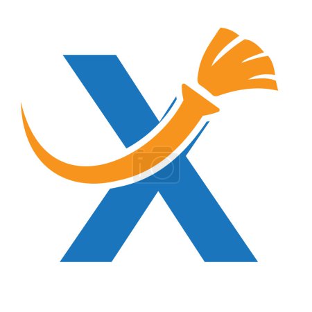 Téléchargez les illustrations : Logo propre de maison de lettre X avec le symbole propre de brosse. Icône de femme de ménage et de balai - en licence libre de droit
