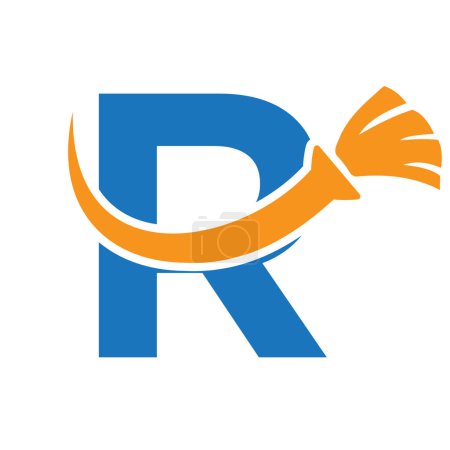 Téléchargez les illustrations : Logo propre de maison de lettre R avec le symbole propre de brosse. Icône de femme de ménage et de balai - en licence libre de droit