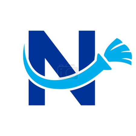 Téléchargez les illustrations : Logo propre de maison de lettre N avec le symbole propre de brosse. Icône de femme de ménage et de balai - en licence libre de droit