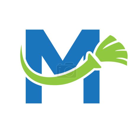 Letter M House Clean Logo With Clean Brush Symbol. Maid and Broom Icon