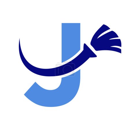 Téléchargez les illustrations : Logo propre de maison de lettre J avec le symbole propre de brosse. Icône de femme de ménage et de balai - en licence libre de droit