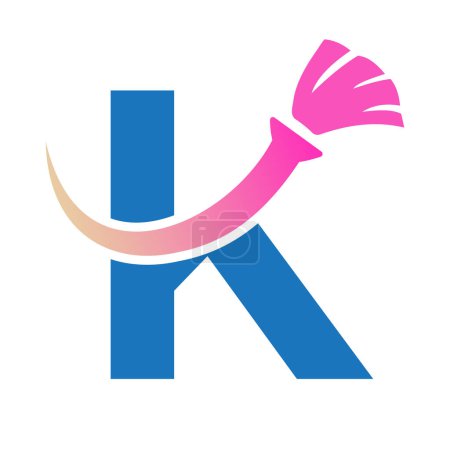 Téléchargez les illustrations : Logo propre de maison de lettre K avec le symbole propre de brosse. Icône de femme de ménage et de balai - en licence libre de droit
