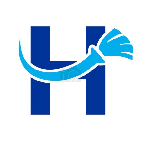 Téléchargez les illustrations : Logo propre de maison de lettre H avec le symbole propre de brosse. Icône de femme de ménage et de balai - en licence libre de droit