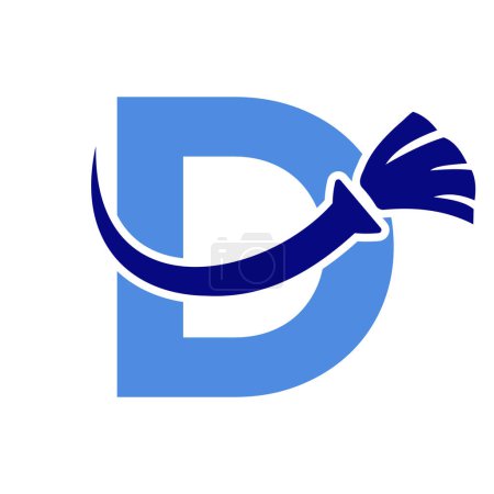 Letra D Logotipo limpio de la casa con el símbolo limpio del cepillo. Mucama y escoba icono