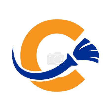Téléchargez les illustrations : Logo propre de maison de lettre C avec le symbole propre de brosse. Icône de femme de ménage et de balai - en licence libre de droit