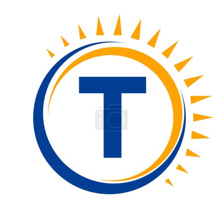 Solar-Logo auf Buchstabe T-Konzept mit Sonne-Symbol. Symbol des Sonnensystems