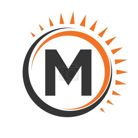 Téléchargez les illustrations : Logo solaire sur lettre M Concept avec icône du soleil. Symbole du système solaire - en licence libre de droit