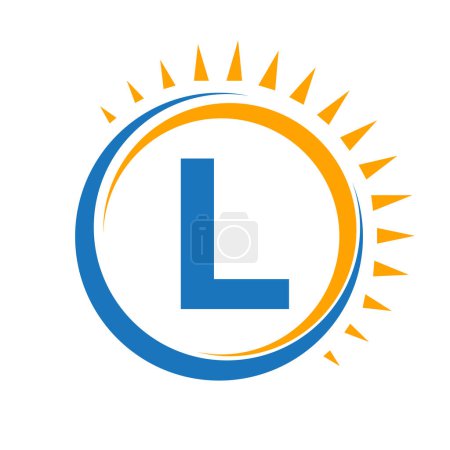 Solar Logo auf Buchstabe L Konzept mit Sun Icon. Symbol des Sonnensystems