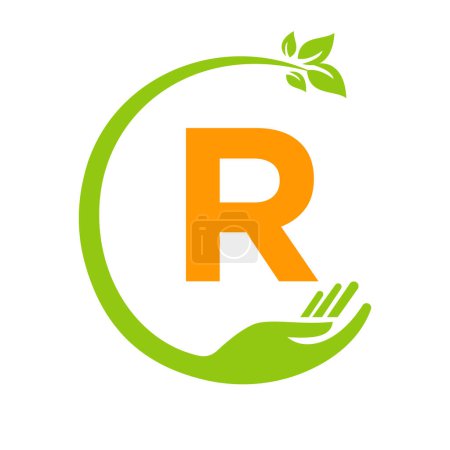 Eco-Logo auf Buchstabe R Konzept mit Hand und Blatt-Symbol. Recycling-Zeichen