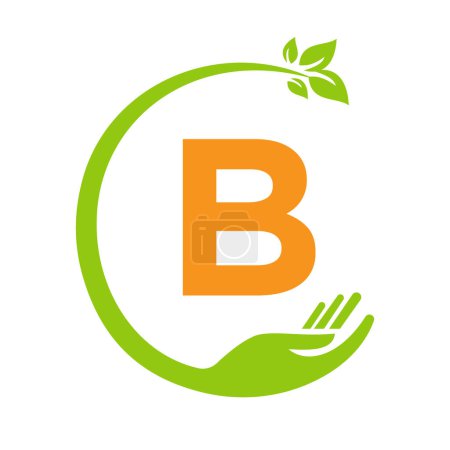 Eco Logo auf Buchstabe B Konzept mit Hand und Blatt-Symbol. Recycling-Zeichen