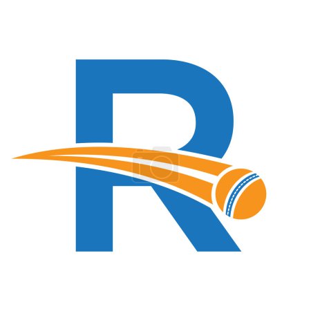 Cricket-Logo auf Buchstabe R Konzept mit beweglichen Cricketball-Symbol. Cricket-Zeichen