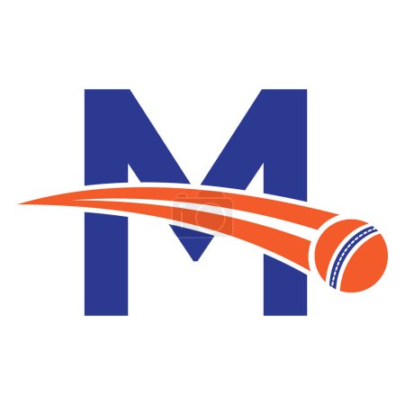 Cricket-Logo auf Buchstabe M Konzept mit beweglichen Cricketball-Symbol. Cricket-Zeichen